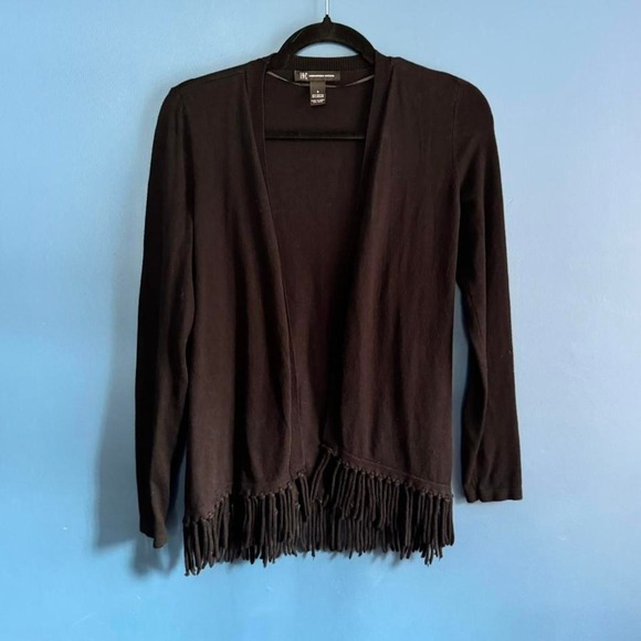 Y2K Fringe Cardigan Women's Size Small Black Inc. Sweater Basic Boho Minimal - Picture 1 of 8